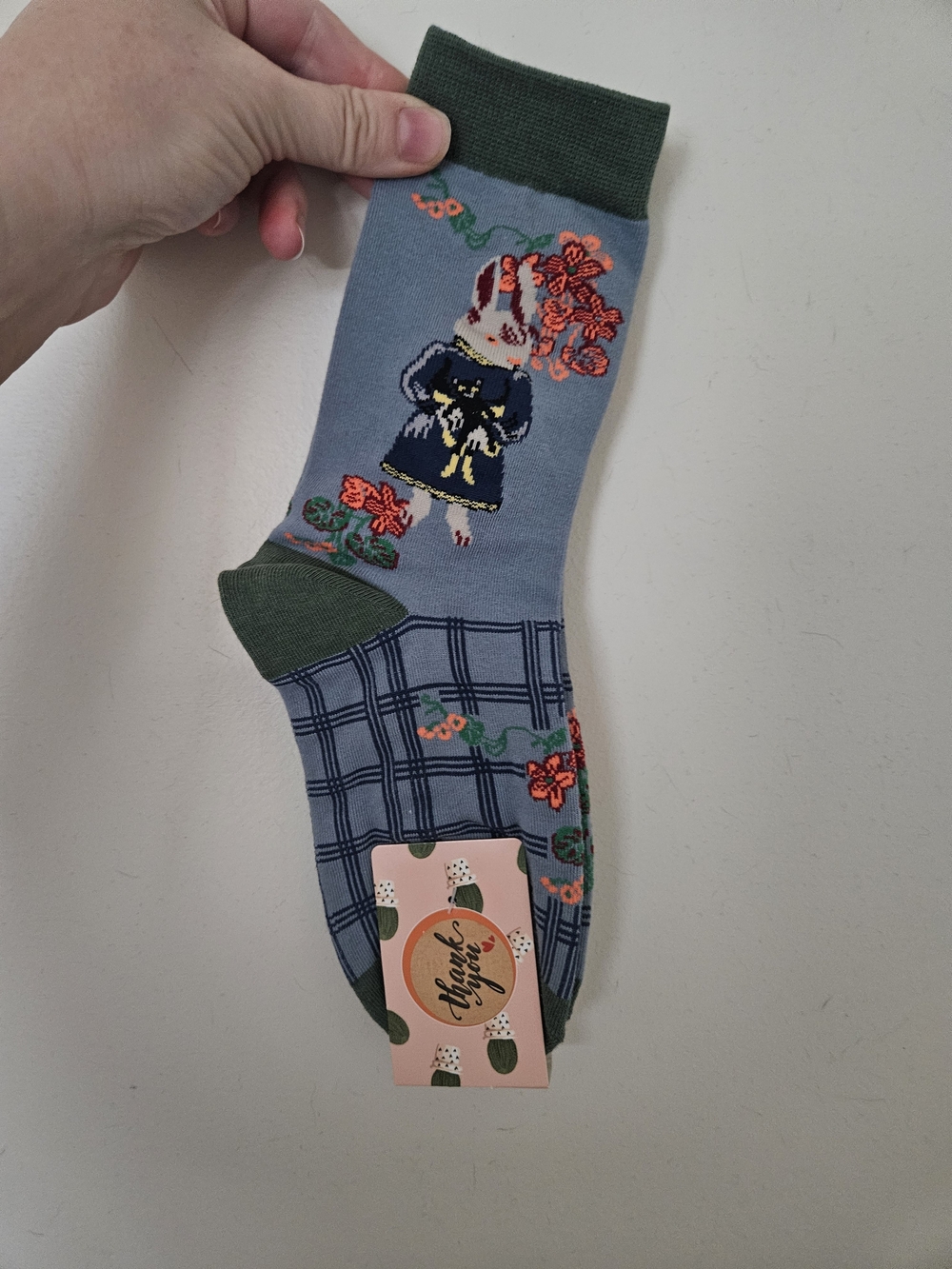 Women’s Light Blue Novelty Bunny Crew Socks with Green Accents